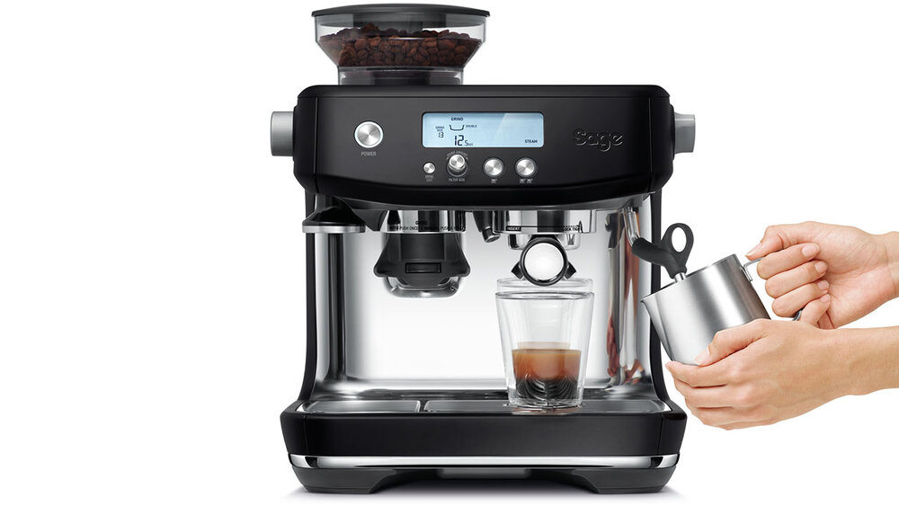 Elegantní černý prémiový kávovar The Barista Pro s mlýnkem na kávu 